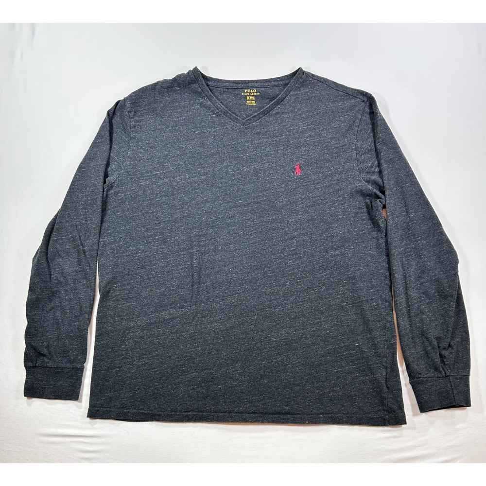 Polo Ralph Lauren Mens XL V-Neck Long Sleeve T-Shirt Charcoal Gray Heather Pony